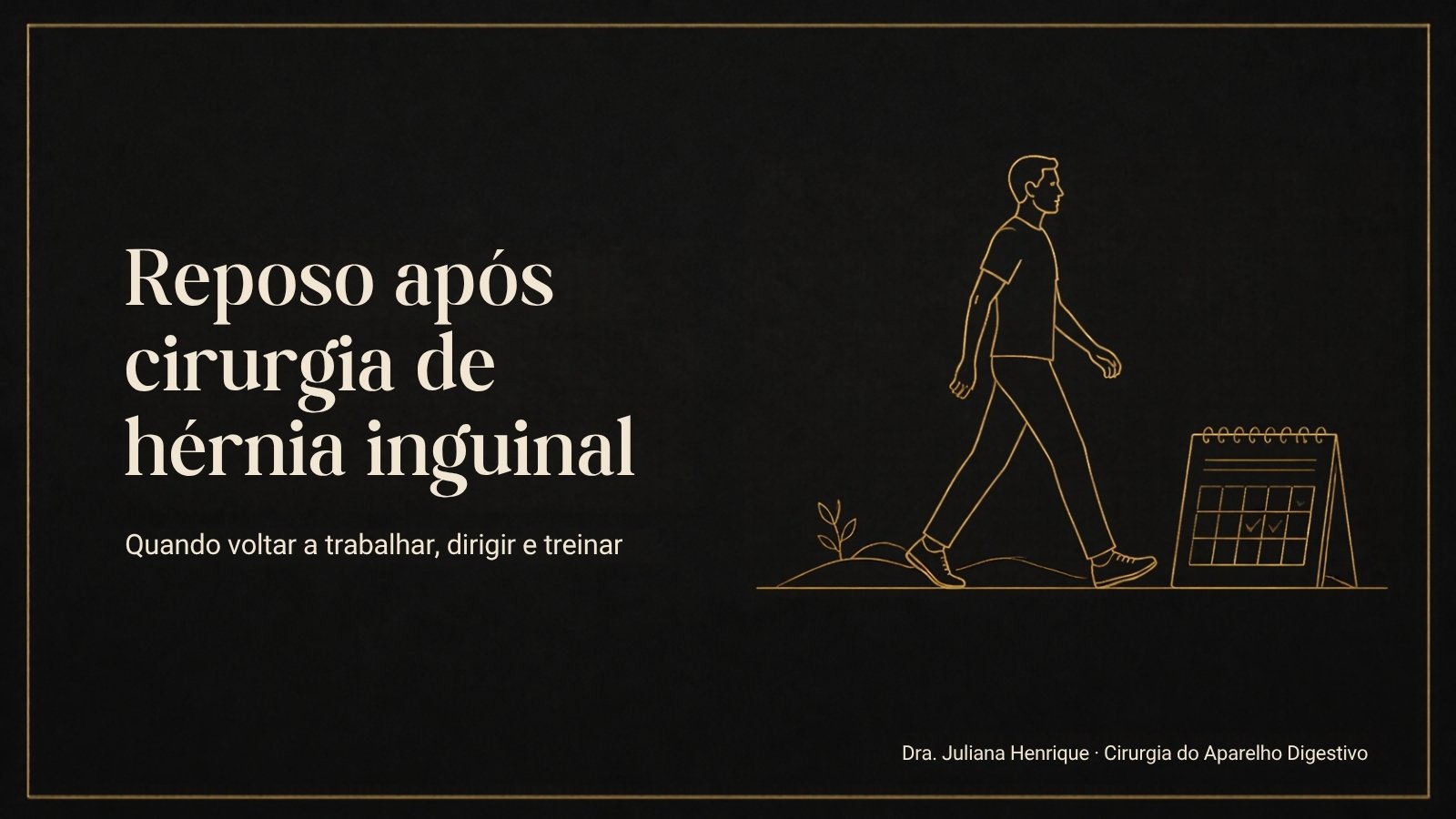 Ilustração de uma pessoa caminhando ao lado de um calendário: repouso após cirurgia de hérnia inguinal